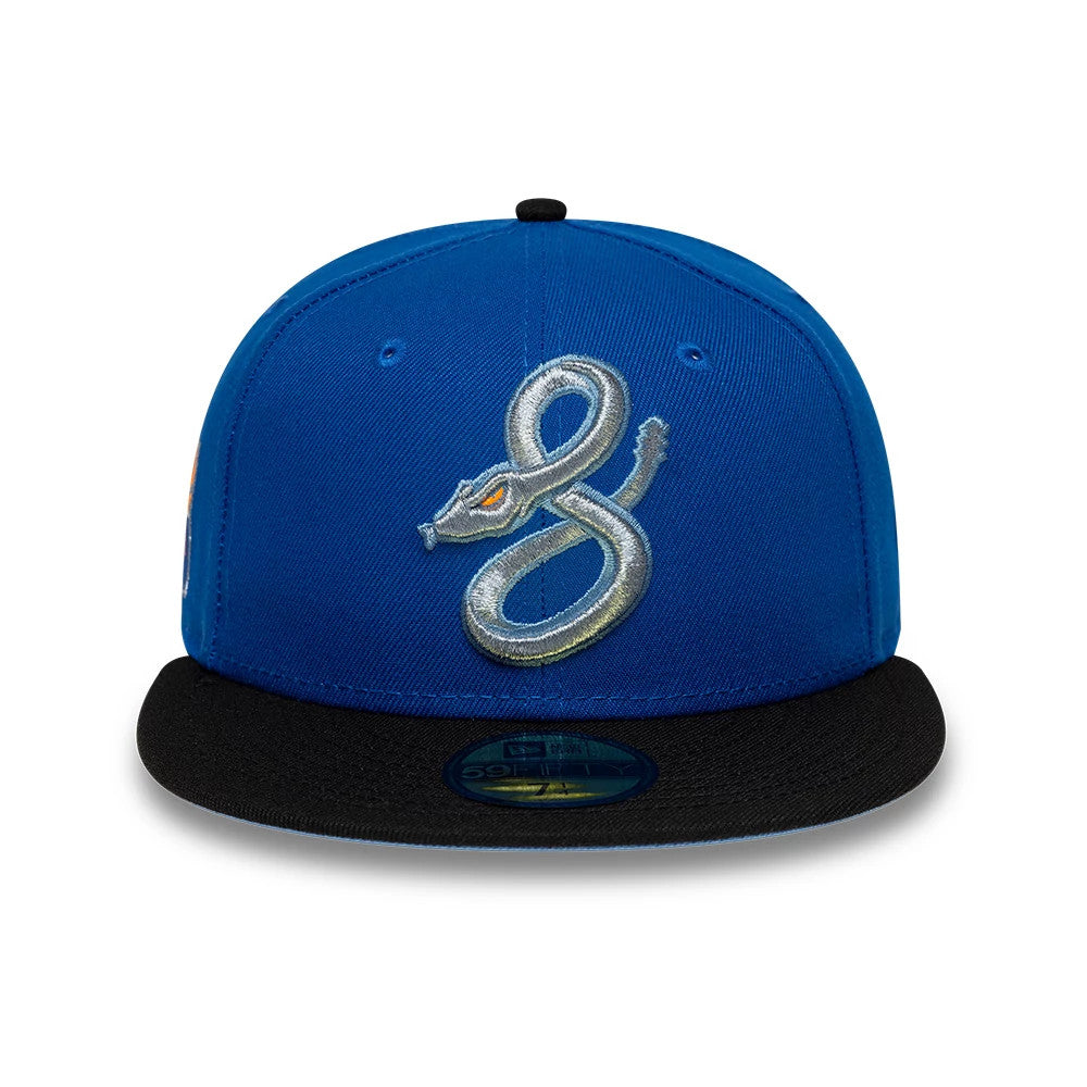 Arizona Diamondbacks MLB City Connect Blue & Black New Era 59FIFTY Fitted Cap, front view showing a silver snake logo with orange eyes embroidered on the structured blue front panels, paired with a flat black visor and the gold 59FIFTY size sticker.