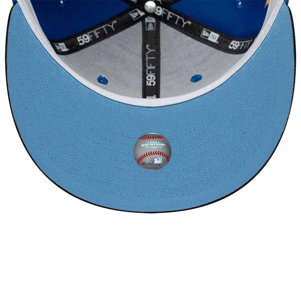 Arizona Diamondbacks MLB City Connect Blue & Black New Era 59FIFTY Fitted Cap, inside view showing grey sweatband with 59FIFTY taping, bright blue undervisor matching the eyelets, and a colourful baseball sticker placed centrally.