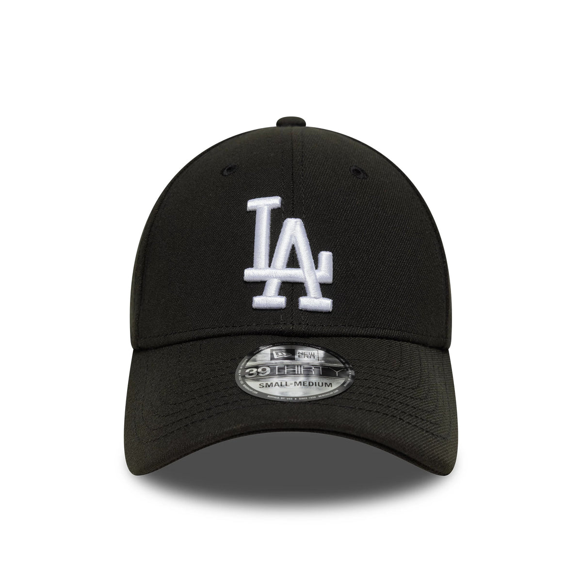 LA Dodgers MLB Black New Era 39THIRTY Stretch Fit Cap, front view showing the raised white LA logo embroidered on the front panel, with a pre-curved black visor and a 39THIRTY size sticker placed on the visor.