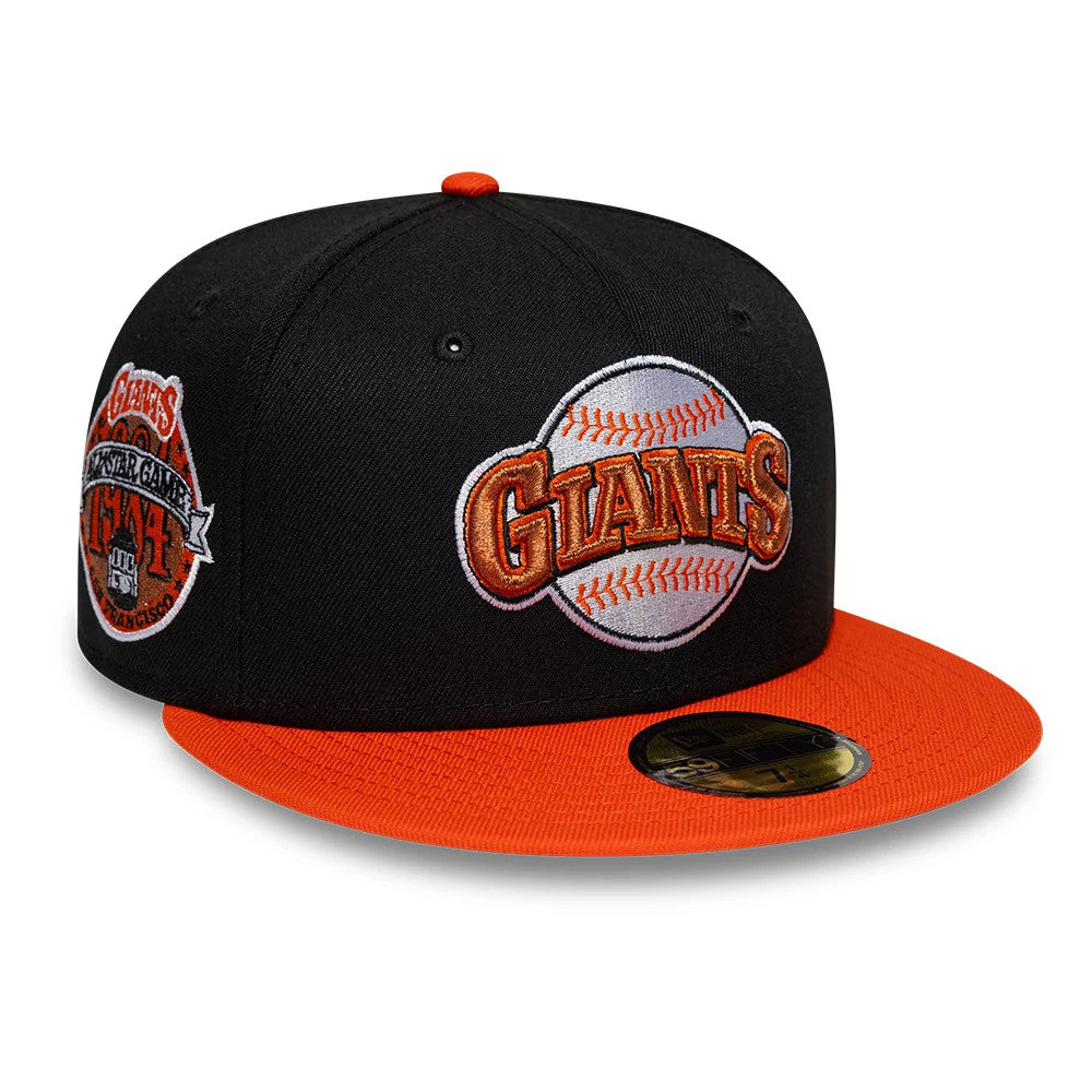 San Francisco Giants MLB Cooperstown Black New Era 59FIFTY Fitted Cap, front view showing an embroidered Giants logo over a baseball motif on the front panel, with an orange flat visor and a gold 59FIFTY size sticker on the visor.