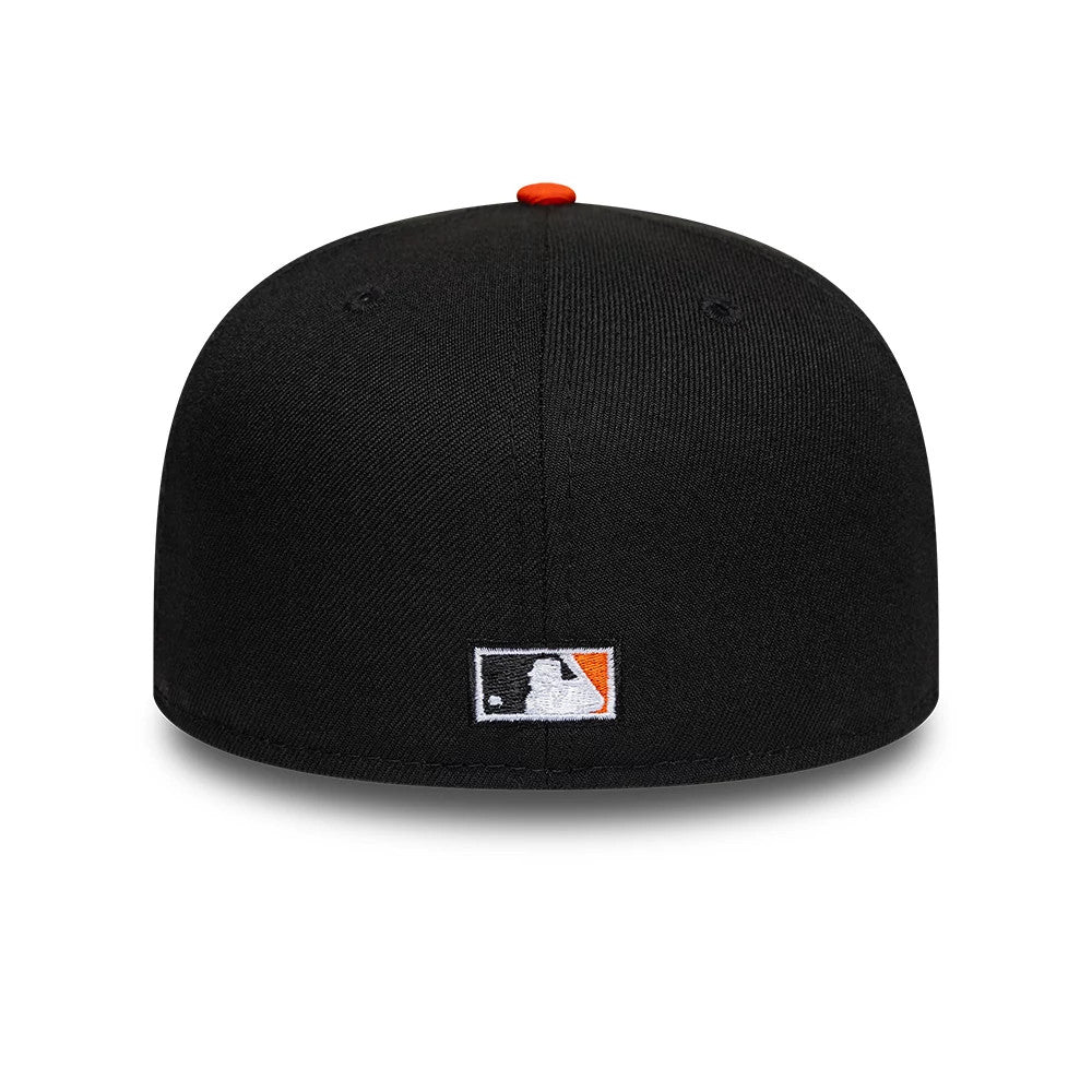 San Francisco Giants MLB Cooperstown Black New Era 59FIFTY Fitted Cap, rear view showing the white embroidered MLB Batterman logo centred low on the structured black crown, with a contrasting orange top button and matching embroidered eyelets.