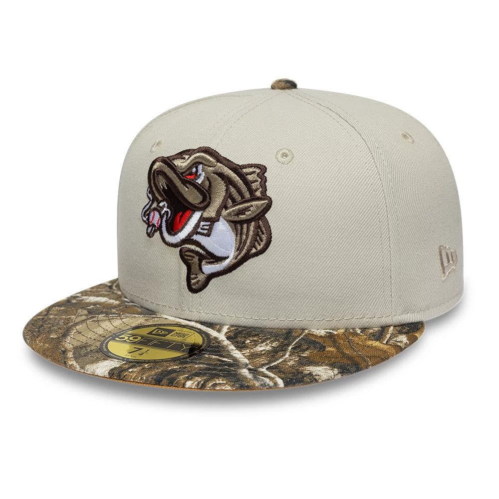 Gwinnett Stripers MiLB Hometown Beige New Era 59FIFTY Fitted Cap, front view showing a detailed embroidered fish logo on the front panel, a camo-patterned flat visor with a gold 59FIFTY size sticker, and a New Era flag logo on the left side.