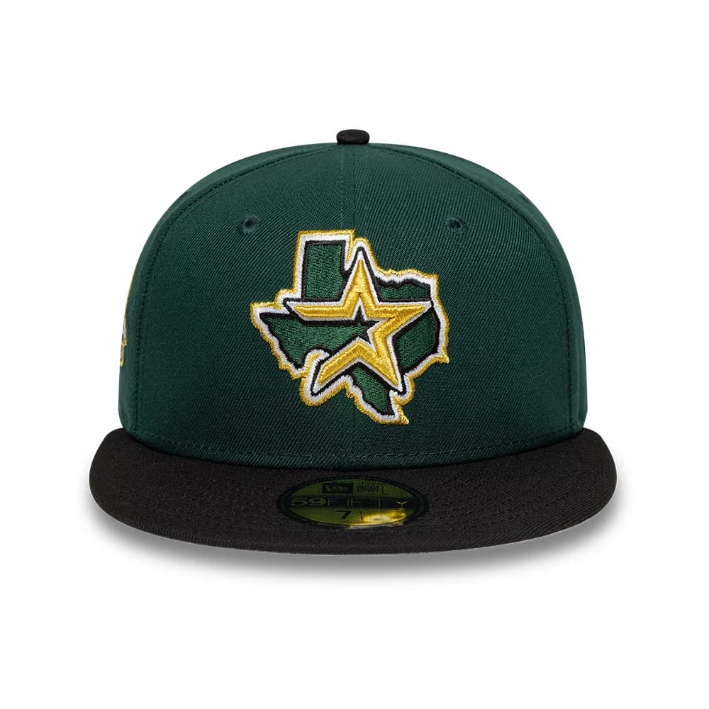 Houston Astros MLB Cooperstown Green & Black New Era 59FIFTY Fitted Cap, front view showing the raised green and yellow embroidered Texas and star logo on the structured green crown, with a black flat visor and gold 59FIFTY size sticker.