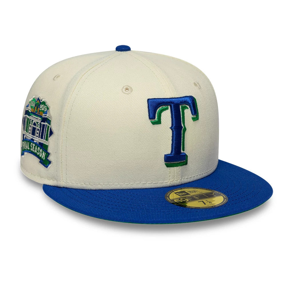 Pictured is this MLB Cooperstown Texas Rangers 59FIFTY Fitted cap in white & blue. 1