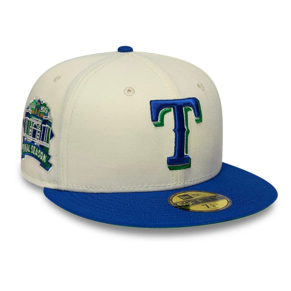 Pictured is this MLB Cooperstown Texas Rangers 59FIFTY Fitted cap in white & blue. 1