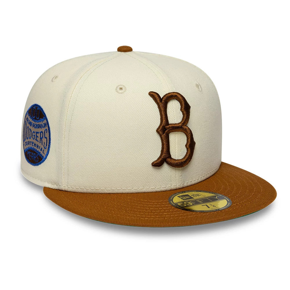 Pictured is this MLB Cooperstown Jackie Robinson Brooklyn Dodgers 59FIFTY Fitted cap in white. 1