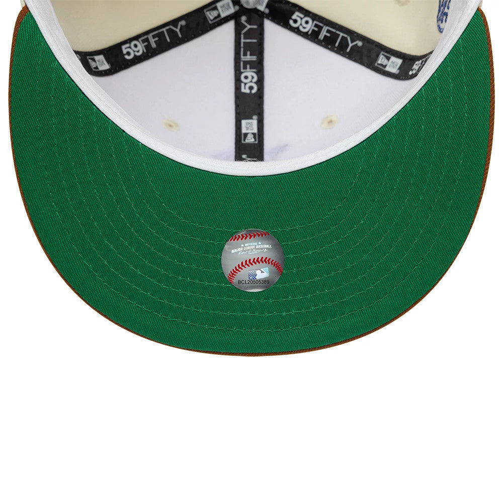 Brooklyn Dodgers MLB Jackie Robinson White New Era 59FIFTY Fitted Cap, inside view showing a green undervisor with a baseball-shaped sticker, black 59FIFTY taping along the seams and a white sweatband encircling the crown.