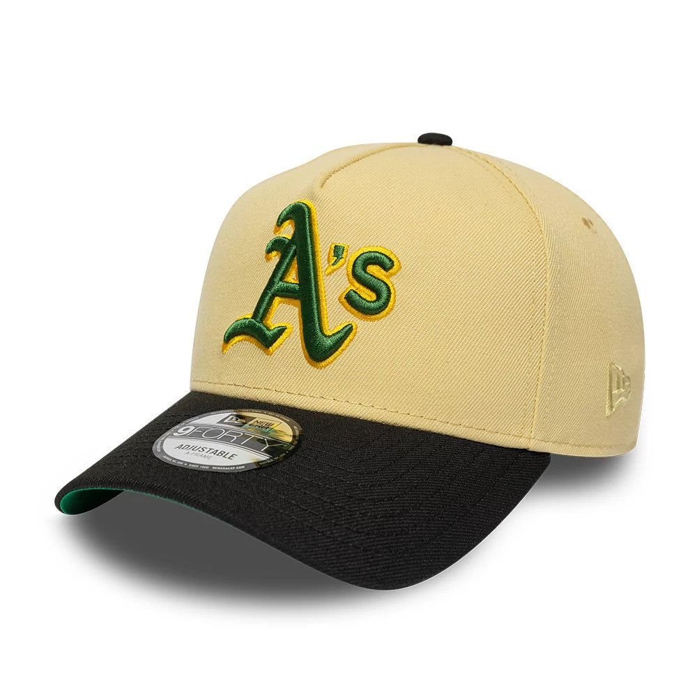 Athletics MLB Vegas Gold New Era 9FORTY A-Frame Cap, front view showing the raised green and yellow embroidered A's logo on the vegas gold front panel, with a black curved visor featuring a 9FORTY size sticker and green undervisor.