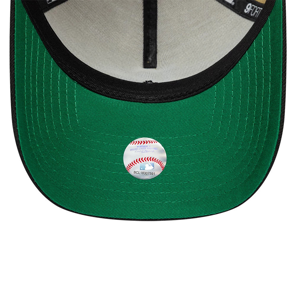 LA Dodgers MLB Vegas Gold New Era 9FORTY A-Frame Cap, inside view showing a green undervisor, white sweatband with black taping featuring the 9FORTY label, and a central MLB authenticity sticker on the underside of the visor.