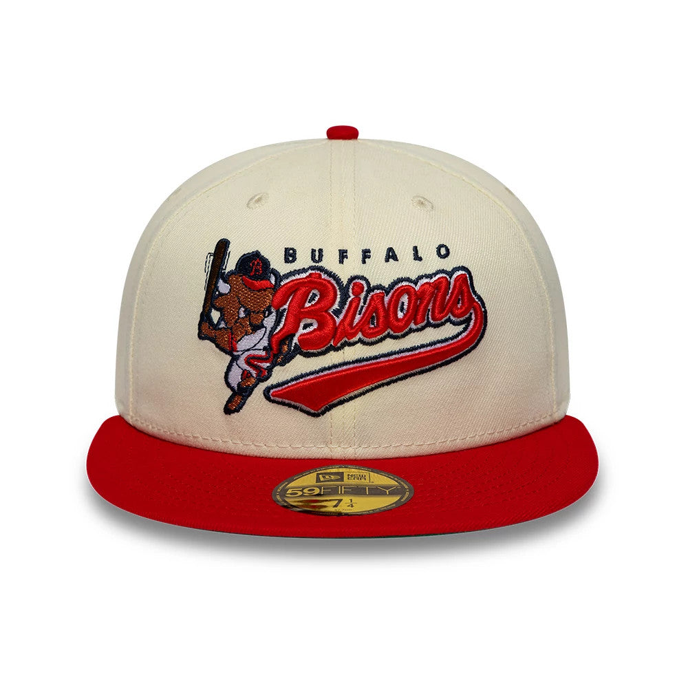 Buffalo Bisons MiLB Hometown White & Red New Era 59FIFTY Fitted Cap, front view showing the raised embroidered Bisons wordmark logo and baseball player graphic on the white front panel, with a red visor and gold 59FIFTY size sticker.