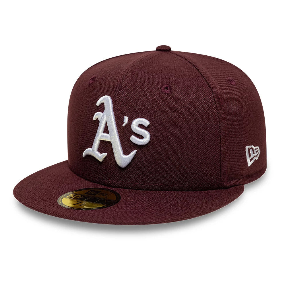 Athletics MLB Dark Purple New Era 59FIFTY Fitted Cap, front view with raised white embroidered A’s logo on the structured dark purple crown, matching flat visor, and gold 59FIFTY size sticker on the top of the visor.