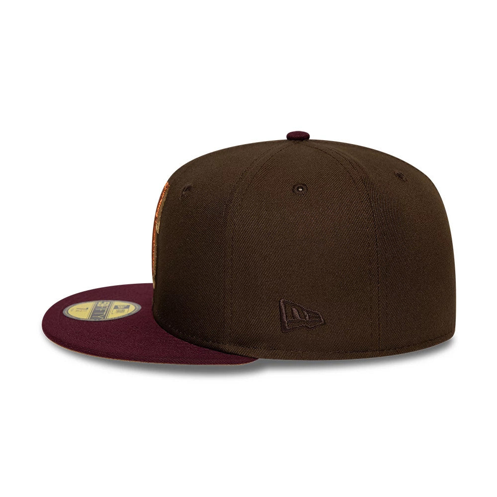 Seattle Mariners MLB Cooperstown Dark Brown New Era 59FIFTY Fitted Cap, side view showing the dark brown New Era flag logo embroidered on the left side, with a maroon flat visor and a gold 59FIFTY size sticker on the visor.
