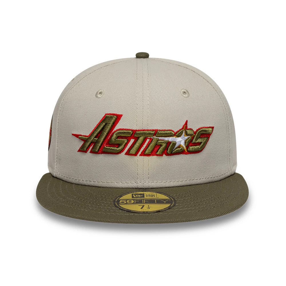 Pictured is this MLB Cooperstown Houston Astros 59FIFTY Fitted cap in beige & green. 3