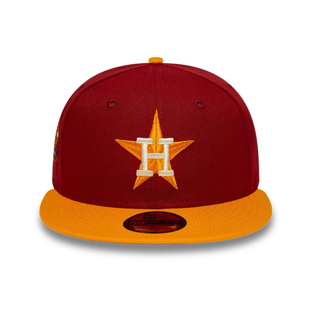 Houston Astros MLB Cooperstown Dark Red New Era 59FIFTY Fitted Cap, front view showing a raised embroidered gold star and white H logo on the dark red front panel, with a bright yellow flat visor and gold 59FIFTY size sticker.