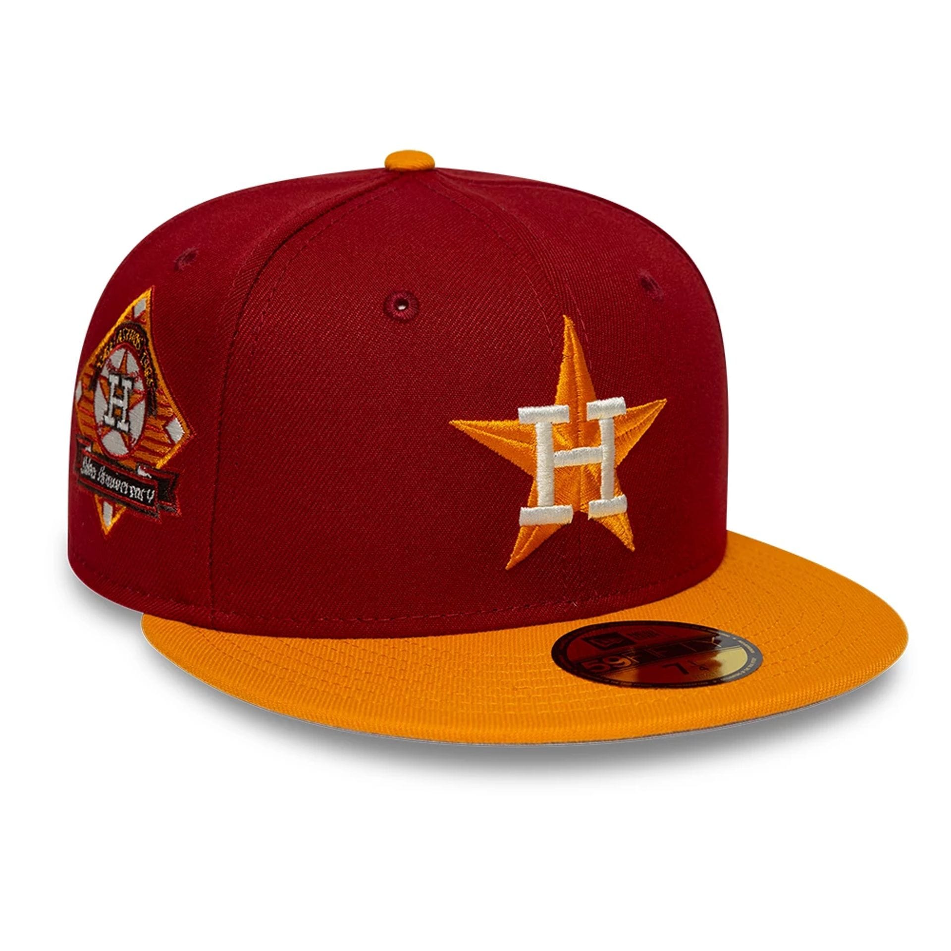 Pictured is this MLB Cooperstown Houston Astros 59FIFTY Fitted cap in dark red. 1