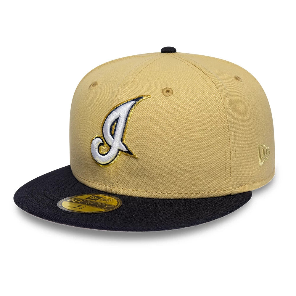 Cleveland Indians MLB Vegas Gold New Era 59FIFTY Fitted Cap, three-quarter view showing the white and black raised embroidered front logo with gold outline, a contrasting black visor with a gold 59FIFTY size sticker.