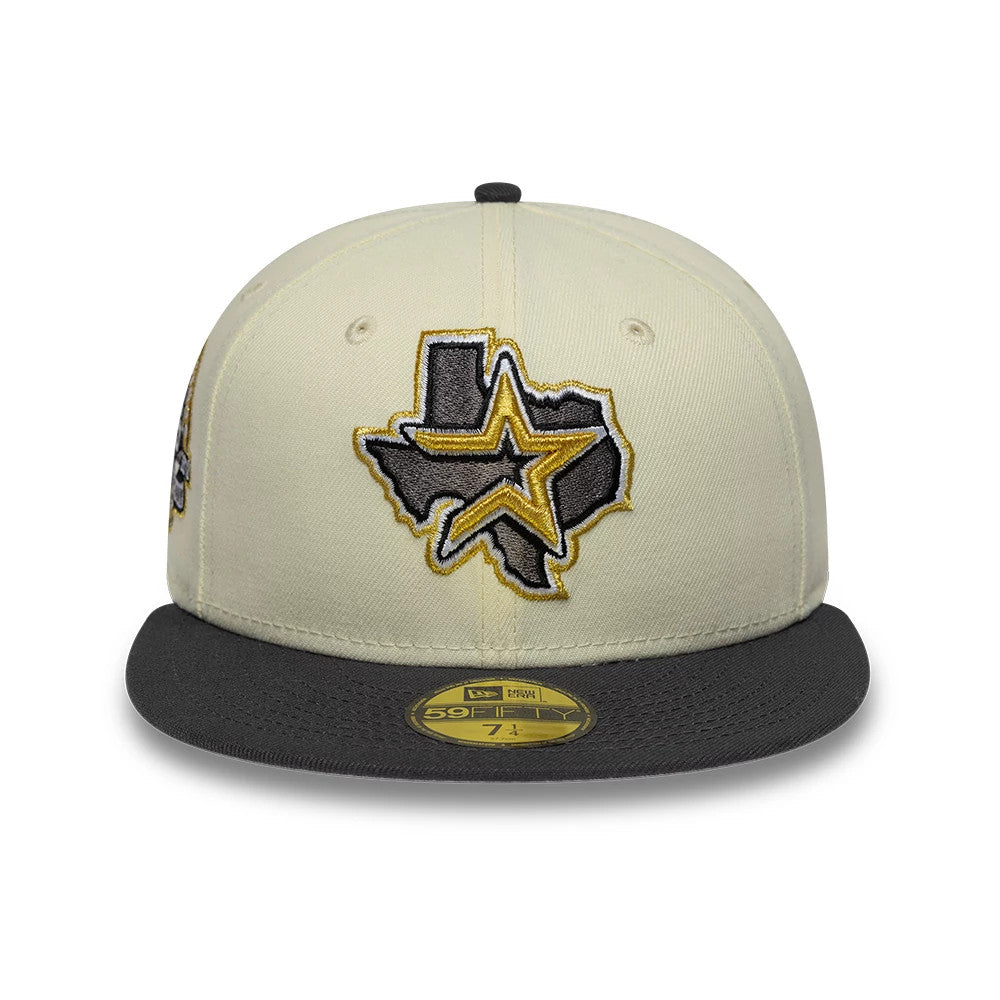 Houston Astros MLB Cooperstown White & Black New Era 59FIFTY Fitted Cap, front view showing a black and gold embroidered Texas state map with a star on the white structured crown, black flat visor and gold 59FIFTY size sticker.