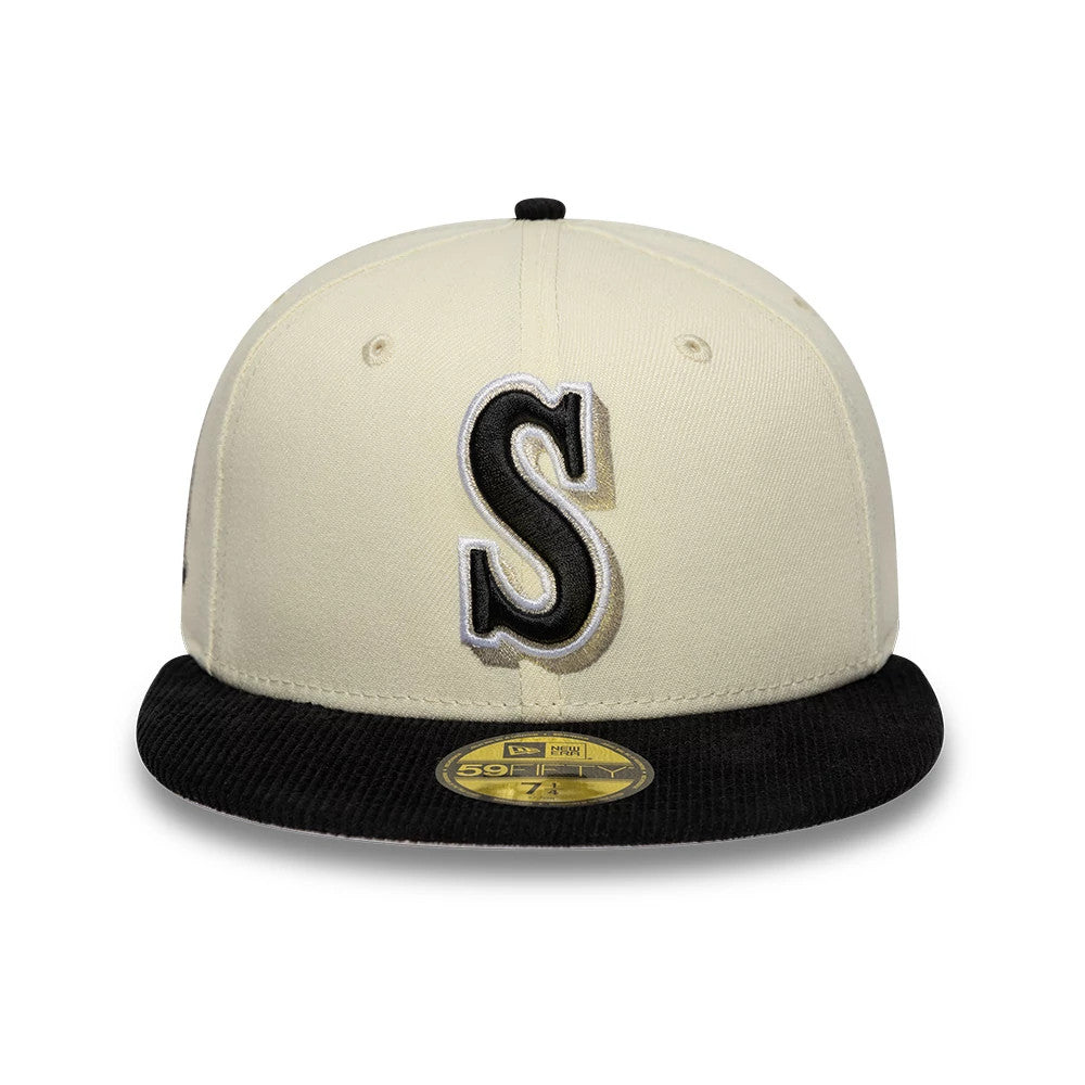 Seattle Mariners MLB Cooperstown White New Era 59FIFTY Fitted Cap, front view showing the raised black and white embroidered S logo on the structured white crown, with a contrasting black flat visor and a gold 59FIFTY size sticker.