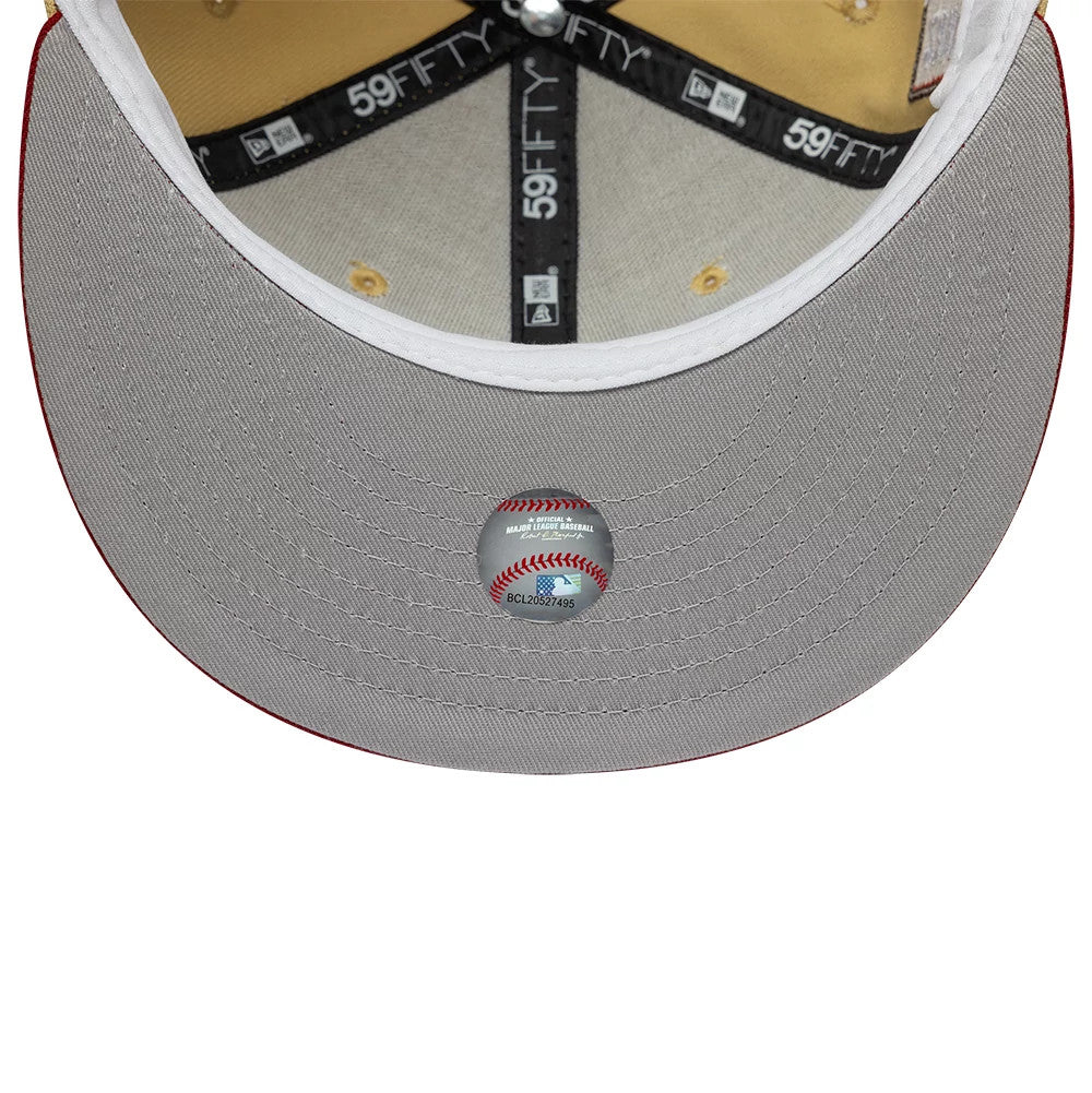 Houston Astros MLB Vegas Gold New Era 59FIFTY Fitted Cap, inside view showing black brand taping and New Era logos, white sweatband, and grey undervisor featuring an MLB baseball sticker in the centre.