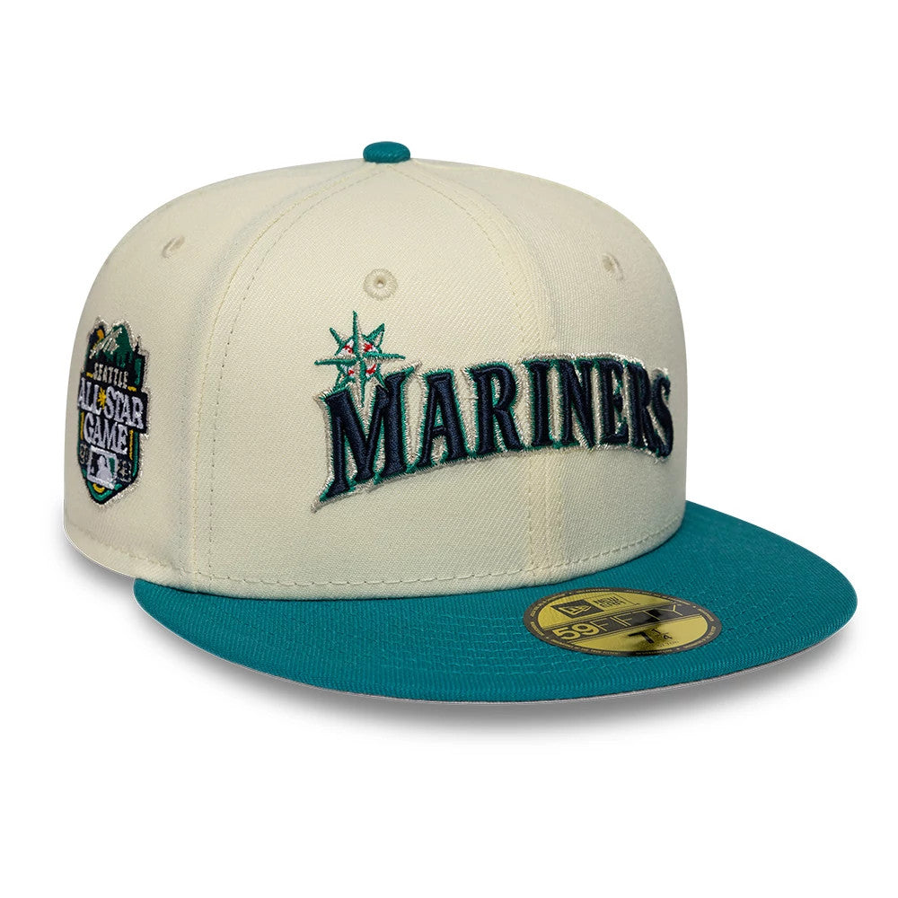 Seattle Mariners MLB Cooperstown White New Era 59FIFTY Fitted Cap, front view showing raised embroidered Mariners logo with teal and green details on the white front panel, teal flat visor, and gold 59FIFTY size sticker on the visor.