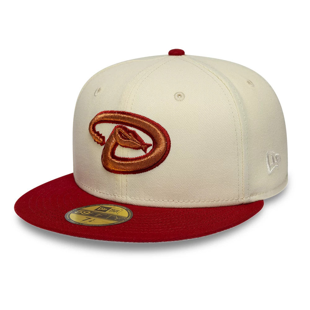 Arizona Diamondbacks MLB Cooperstown White New Era 59FIFTY Fitted Cap, three-quarter view showing the gold and brown raised embroidered snake logo on the front panel, red curved visor with gold 59FIFTY size sticker.