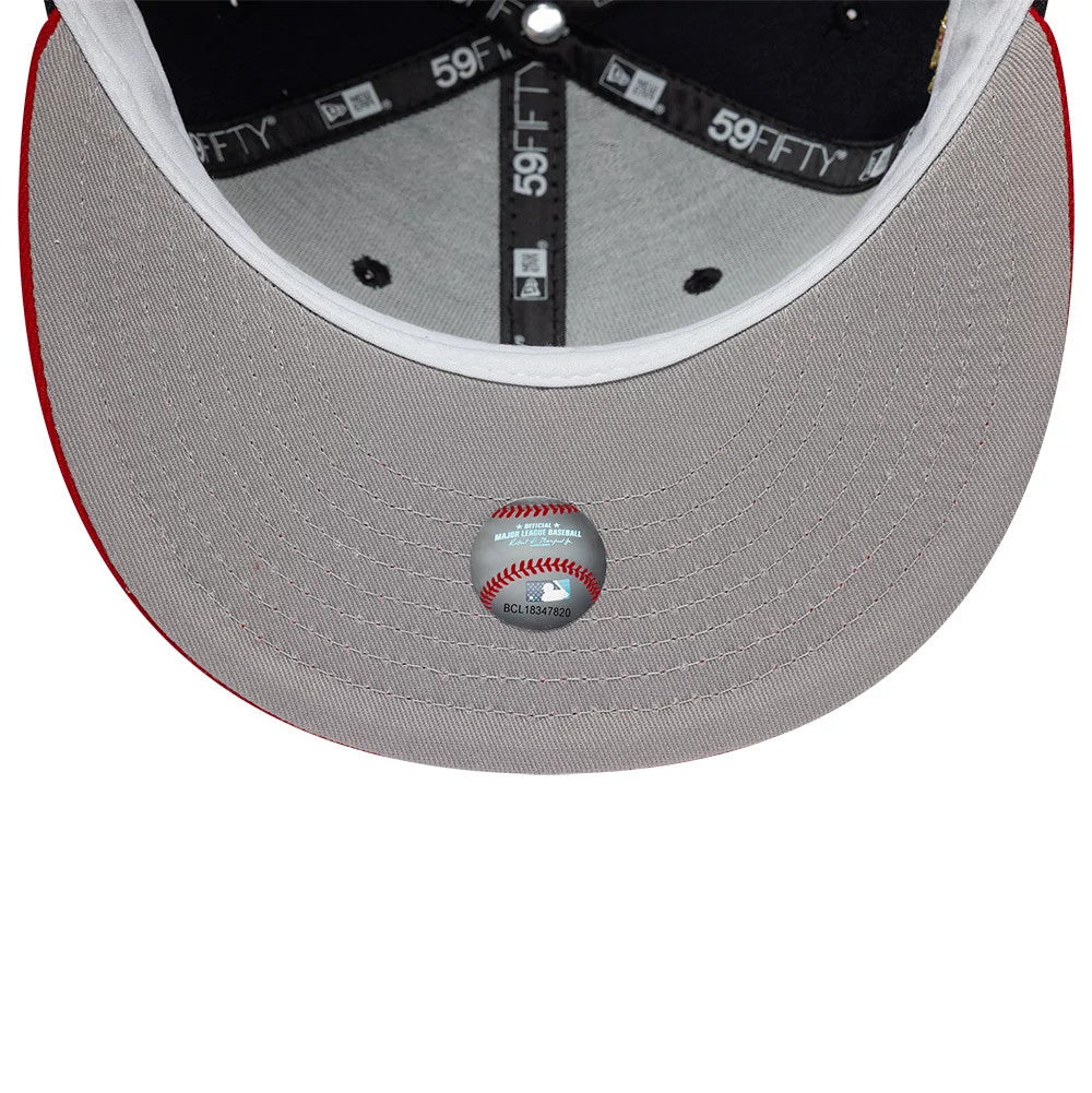 Boston Red Sox MLB Cooperstown Navy New Era 59FIFTY Fitted Cap, inside view showing grey undervisor with a detailed baseball sticker, black New Era taping with 59FIFTY branding, and a contrasting white sweatband lining the structured crown.