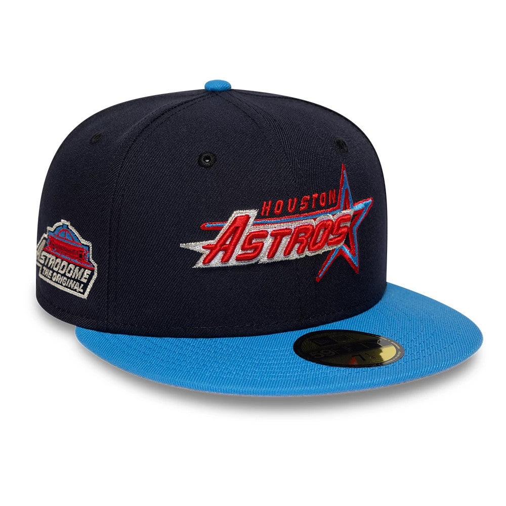 Houston Astros MLB Cooperstown Navy New Era 59FIFTY Fitted Cap, three-quarter view showing the red and white embroidered Houston Astros logo on the navy front panel, a sky blue visor with a gold 59FIFTY size sticker, and an Astrodome side patch.