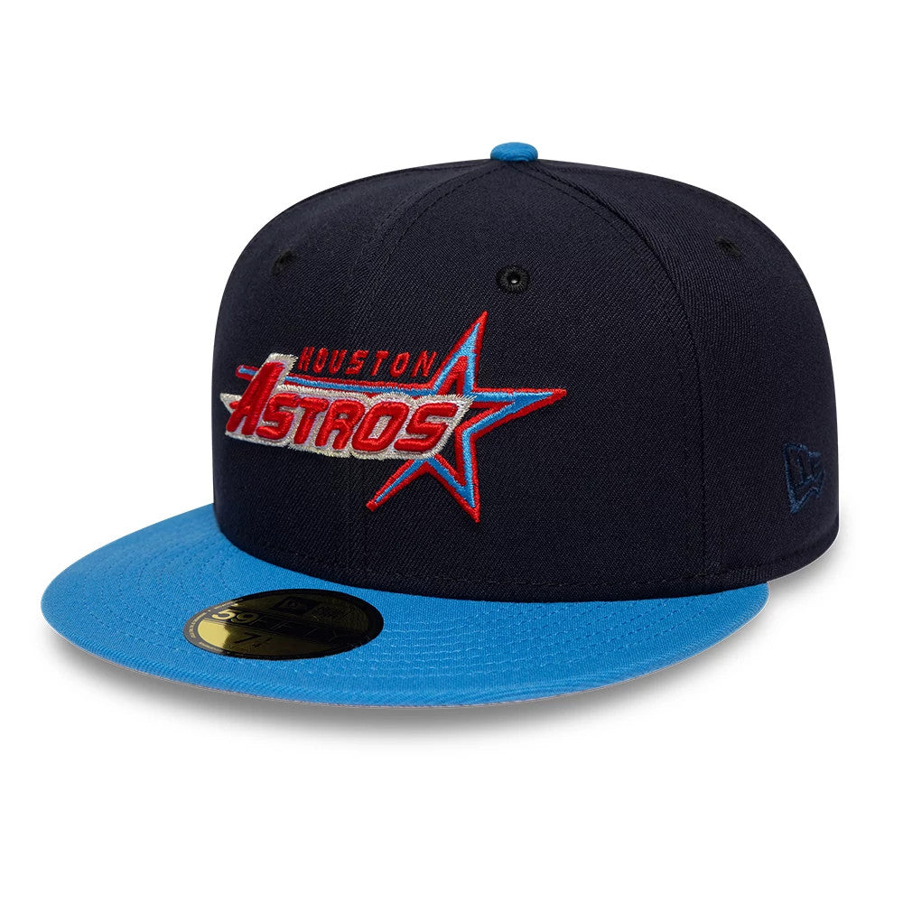 Houston Astros MLB Cooperstown Navy New Era 59FIFTY Fitted Cap, front view showing the red and white embroidered Astros logo with a star outline on a navy crown, paired with a bright blue visor and a gold 59FIFTY size sticker.