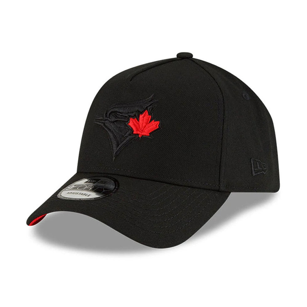 Toronto Blue Jays MLB Cooperstown Black New Era 9FORTY A-Frame Cap, three-quarter view showing the raised black and red embroidered Blue Jays logo on the front panel, with a curved black visor and a 9FORTY size sticker.
