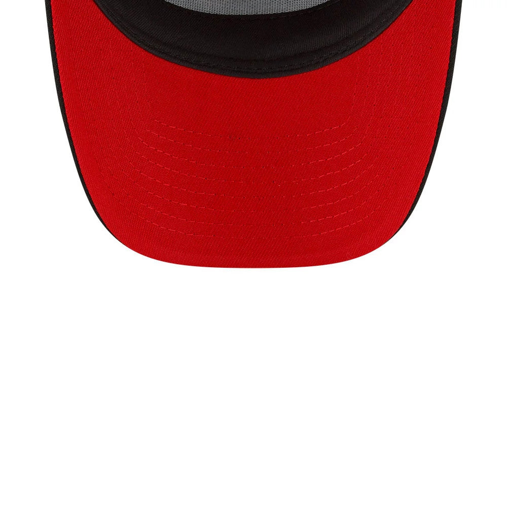 Toronto Blue Jays MLB Cooperstown Black New Era 9FORTY A-Frame Cap, inside view showing the red curved visor, a grey undervisor, and part of the black sweatband lining the rim, with detailed stitching on the fabric.