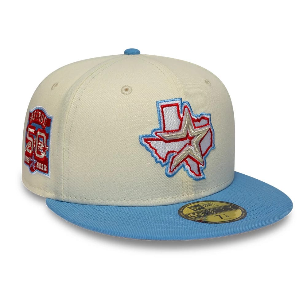 Pictured is this MLB Cooperstown Houston Astros 59FIFTY Fitted cap in cream. 1