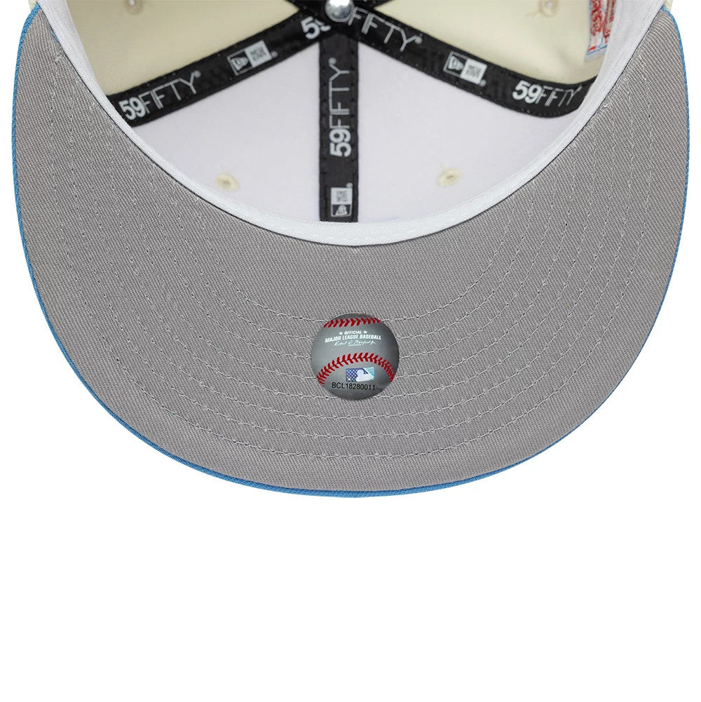 Houston Astros MLB Cooperstown Cream New Era 59FIFTY Fitted Cap, inside view showing black 59FIFTY taping, a white sweatband, and a grey undervisor with a holographic size sticker at the centre.
