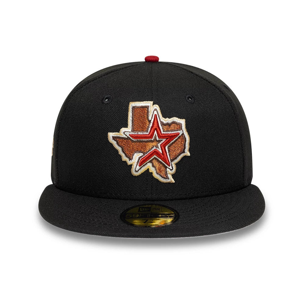 Houston Astros MLB Cooperstown Black New Era 59FIFTY Fitted Cap, front view showing the raised embroidered logo in brown and red on the front panel, black flat visor, and gold 59FIFTY size sticker on the visor.