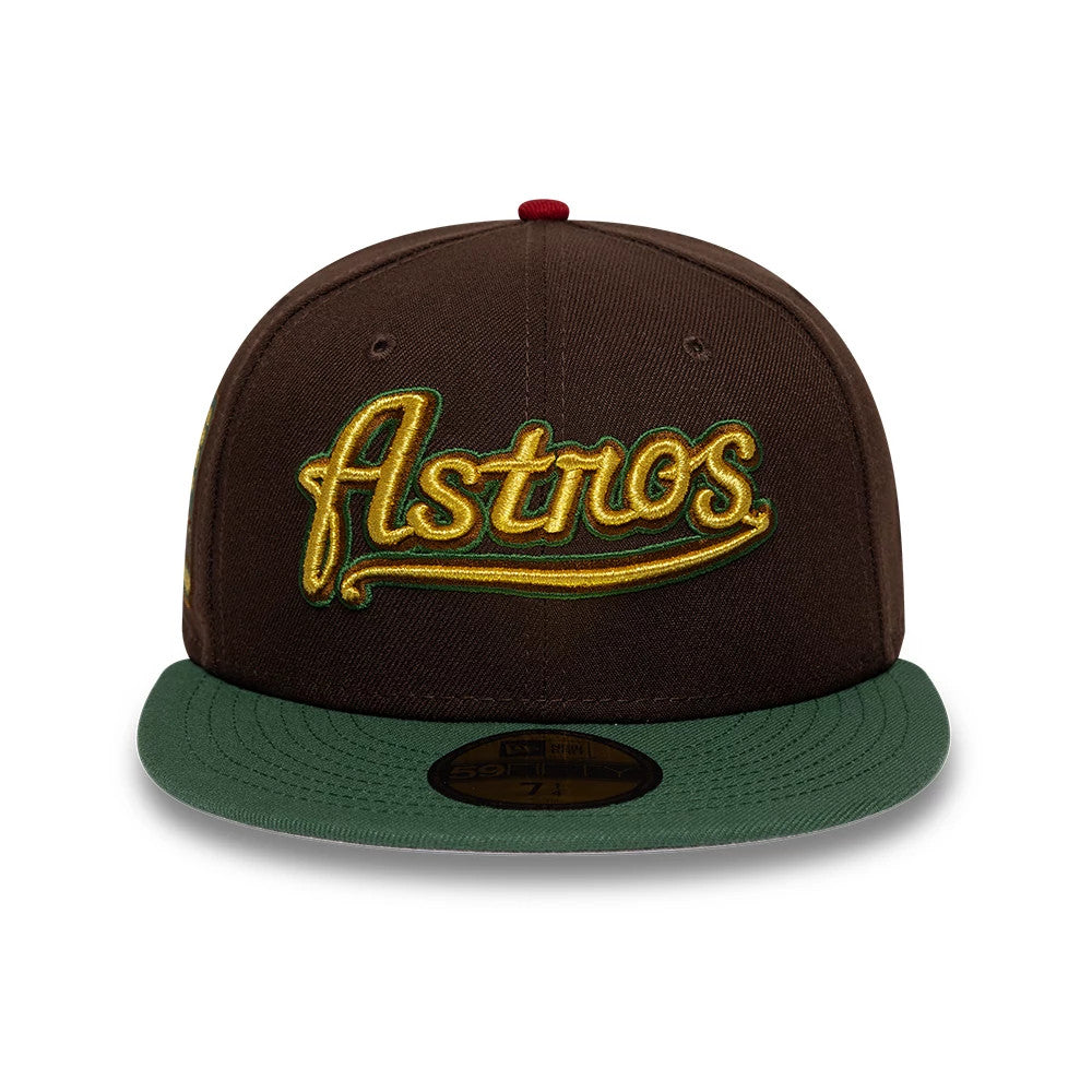 Houston Astros MLB Cooperstown Dark Brown & Green New Era 59FIFTY Fitted Cap, front view showing the raised embroidered gold and green Astros script logo on the dark brown crown, with a green flat visor and a gold 59FIFTY size sticker.