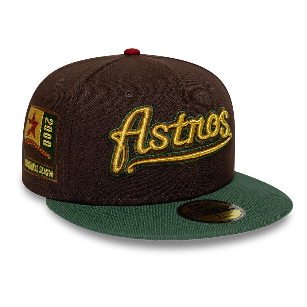 Houston Astros MLB Cooperstown Dark Brown & Green New Era 59FIFTY Fitted Cap, front view showing raised yellow Astros script embroidery with green outline on the dark brown crown, a green flat visor and a gold 59FIFTY size sticker.