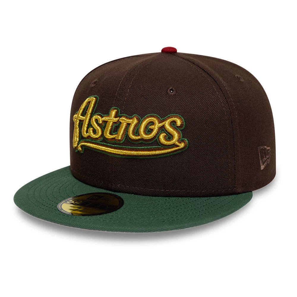 Houston Astros MLB Cooperstown Dark Brown & Green New Era 59FIFTY Fitted Cap, front view showing a gold and green embroidered Astros logo on the dark brown structured crown, with a contrasting green flat visor and a gold 59FIFTY size sticker.