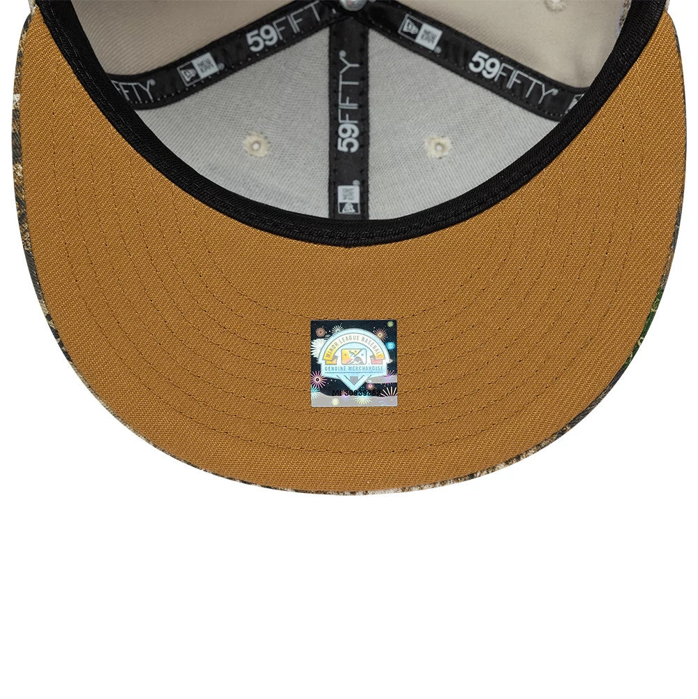 Buffalo Bisons MiLB Hometown Beige New Era 59FIFTY Fitted Cap, inside view showing black 59FIFTY taping along the seams, a grey sweatband, a mustard undervisor, and a round sticker with colourful graphics at the centre.