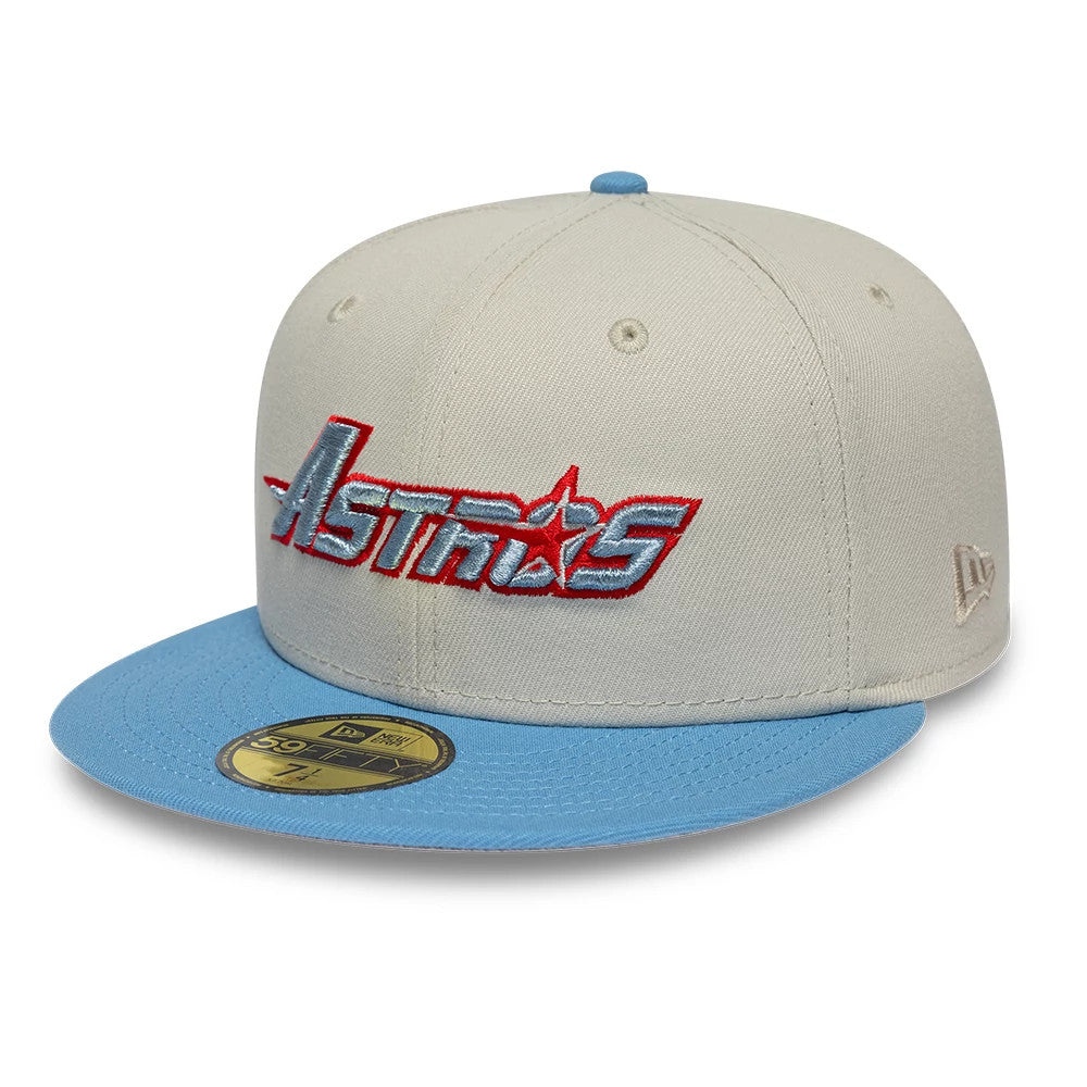 Pictured is this MLB Cooperstown Houston Astros 59FIFTY Fitted cap in beige & blue. 4