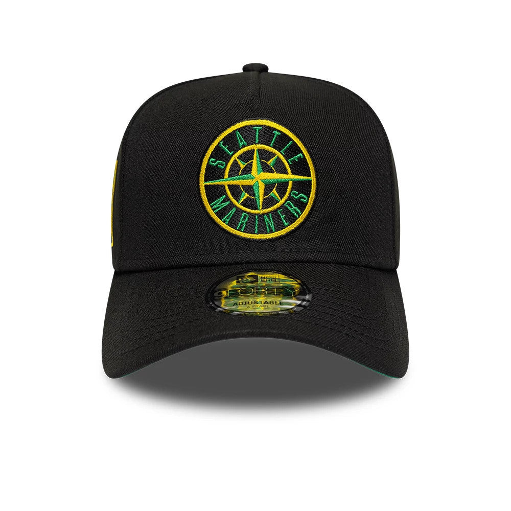 Seattle Mariners MLB Cooperstown Black New Era 9FORTY A-Frame Cap, front view showing a yellow and green embroidered Seattle Mariners logo on the structured black crown, curved visor, and 9FORTY size sticker on the black undervisor.
