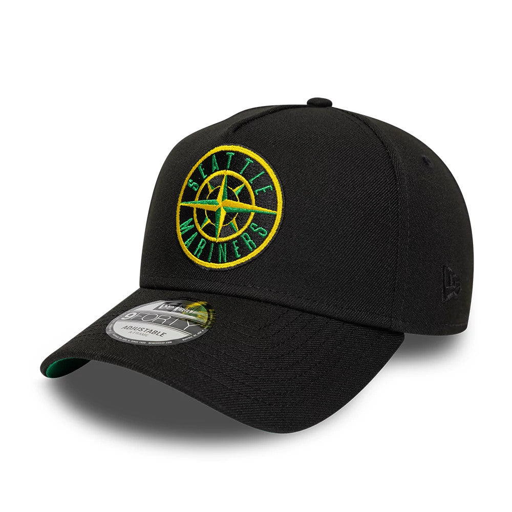 Seattle Mariners MLB Cooperstown Black New Era 9FORTY A-Frame Cap, three-quarter view showing a green and yellow embroidered logo on the front panel, black curved visor with a 9FORTY size sticker, and a green undervisor.