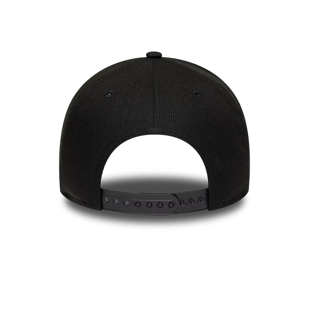 New York Yankees MLB Cooperstown Black New Era 9FORTY A-Frame Cap, rear view showing a plain back without a logo, featuring a black adjustable snap closure and two embroidered eyelets on each side of the structured black crown.
