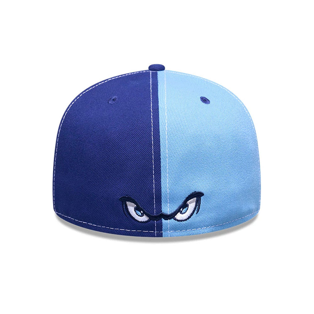 Lake Elsinore Storm MiLB Pinwheel Pastel Blue New Era 59FIFTY Fitted Cap, rear view showing a split design with dark blue and pastel blue panels, featuring an embroidered eye logo near the bottom centre of the structured crown.