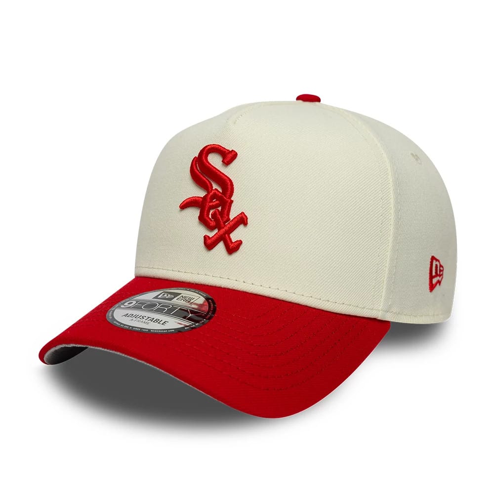 Pictured is this MLB Chrome Scarlet Chicago White Sox 9FORTY A-Frame Adjustable cap in cream. 1