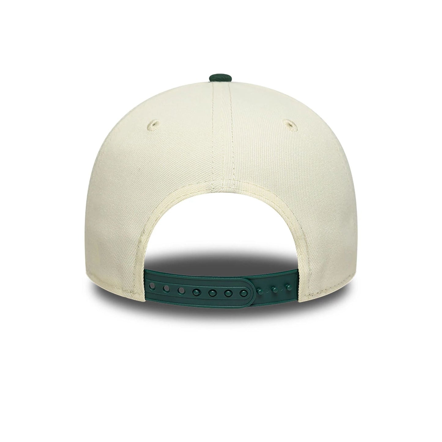 Athletics Chrome White And Dark Green New Era 9FORTY A-Frame Adjustable Cap, rear view showing the dark green adjustable strap with multiple holes, a structured white crown with matching eyelets, and a dark green top button.