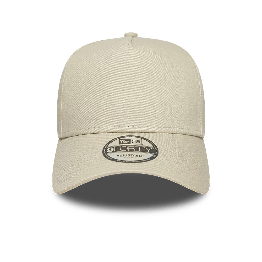 New Era Beige 9FORTY A-Frame Adjustable Cap, front view showing a curved beige visor with a central 9FORTY size sticker, a structured beige crown with panel seams, and a matching top button.