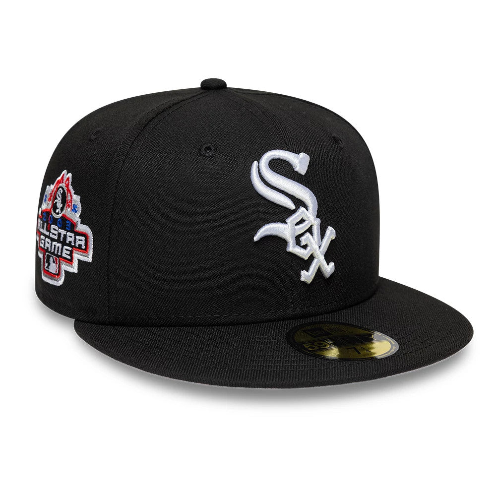 Chicago White Sox MLB Cooperstown Black New Era 59FIFTY Fitted Cap, front view showing the raised white Sox logo embroidered on the black front panels, a commemorative All-Star Game patch on the right side.