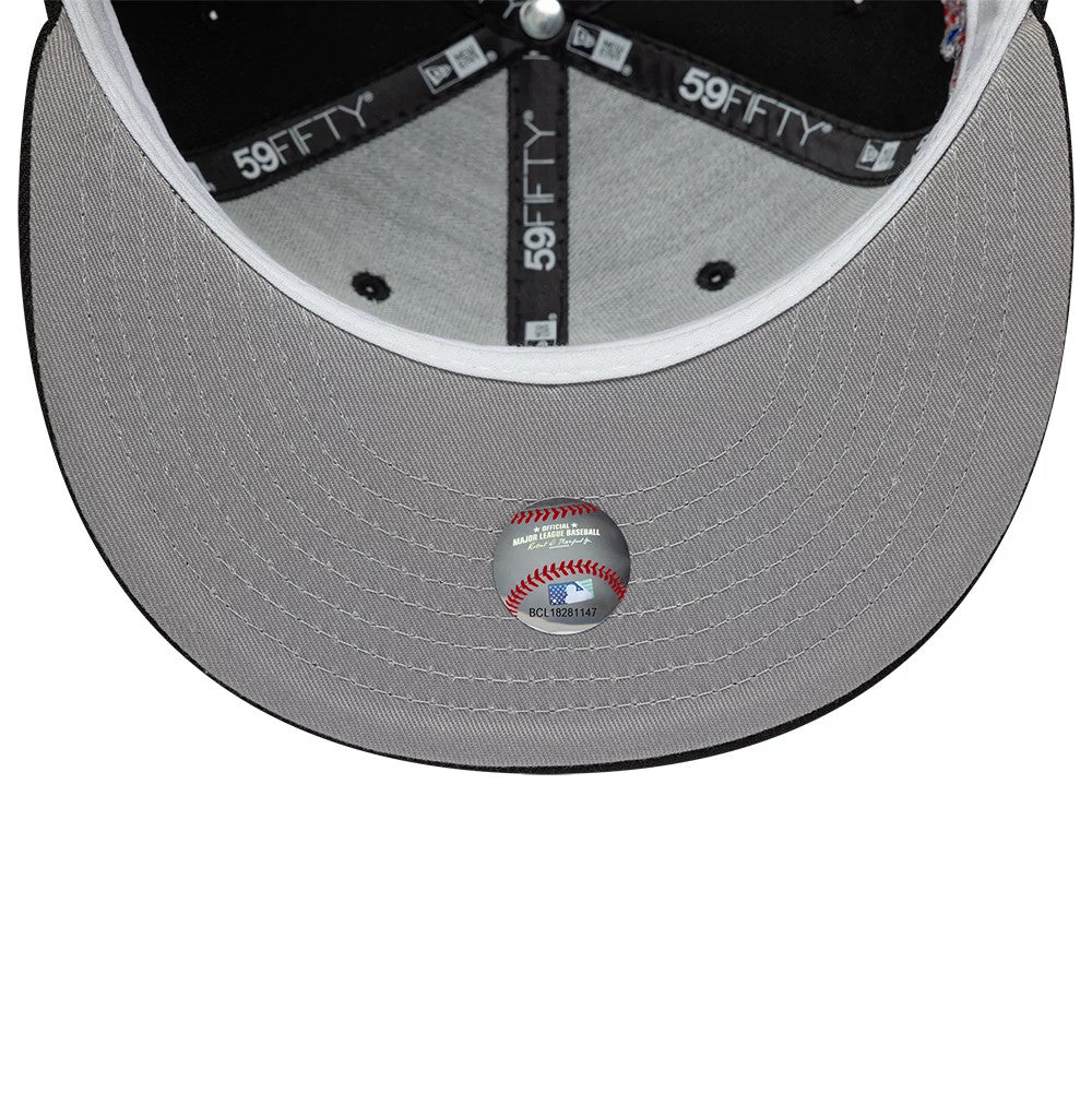 Chicago White Sox MLB Cooperstown Black New Era 59FIFTY Fitted Cap, inside view showing grey undervisor with MLB baseball graphic sticker in the centre, black sweatband, and black taping with white 59FIFTY logo on each seam.
