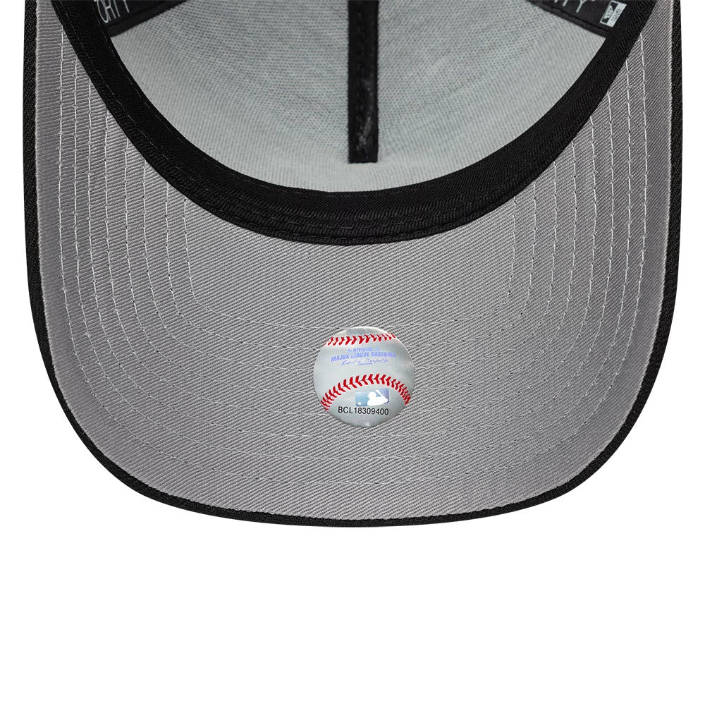 New York Yankees MLB Cooperstown Black New Era 9FORTY A-Frame Cap, inside view showing a grey undervisor with a baseball sticker, black interior taping, and a black sweatband along the edge.