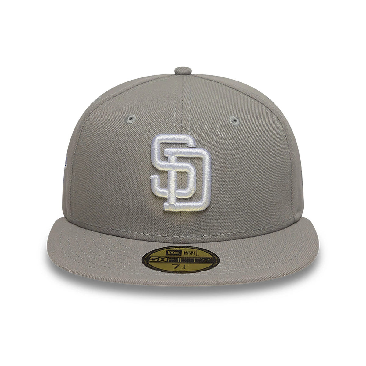 San Diego Padres Essential Pack Grey New Era 59FIFTY Fitted Cap, front view showing the white raised embroidered SD logo on the front panel, a 59FIFTY size sticker on the flat grey visor, and small eyelets on the structured crown.