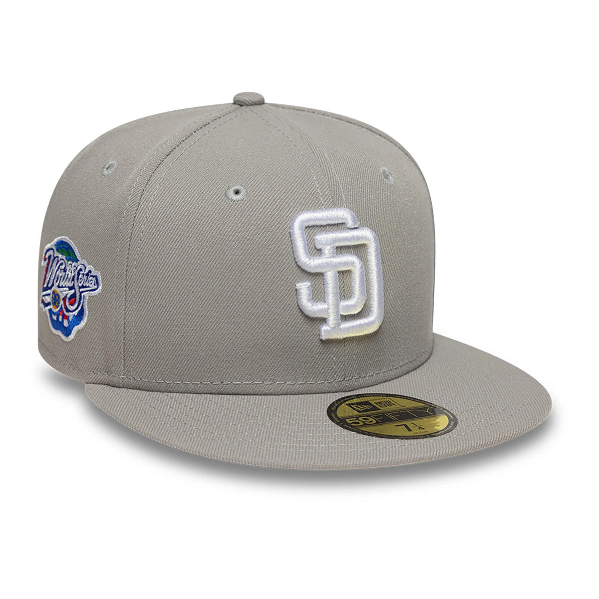 San Diego Padres Essential Pack Grey New Era 59FIFTY Fitted Cap, front three-quarter view showing the raised white embroidered SD logo on the front panel, grey flat visor with a gold 59FIFTY size sticker.